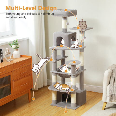 H184CM Large Cat Tower with Sisal Scratching Posts Spacious Condo Perch Stable for Kitten Multi-Level Tower Indoor Cozy Hummocks