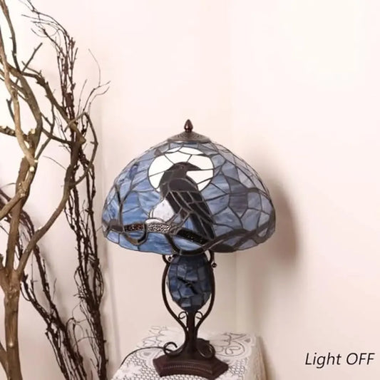 Stained Glass Raven Sitting on Bare Tree Branch Table Lamp Unique Handmade Decorative Lighting Dark Blue 16"x24"