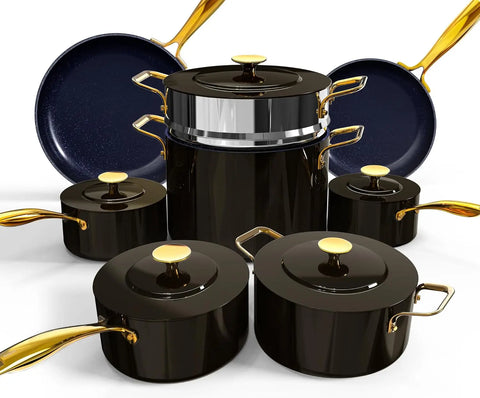 Nuwave Lux LE 13-Pc Cookware Set with Elegant Gold Handle, Diamond Infused Ceramic Non-Stick, PFAS Free, Premium Metal Lids,