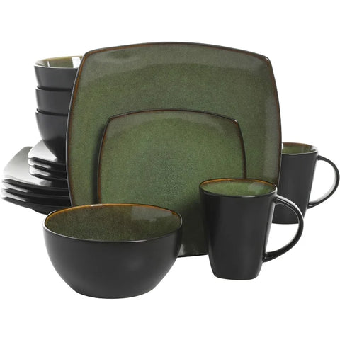 Square Reactive Glaze Stoneware Dinnerware Set, Service for 4 (16pc), Eclipse