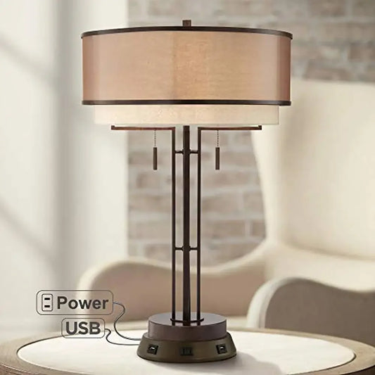 Rustic Industrial Table Lamp with USB Charging Station 26" High Oil-Rubbed Bronze Metal Construction Twin Pull-Chains 4 Device