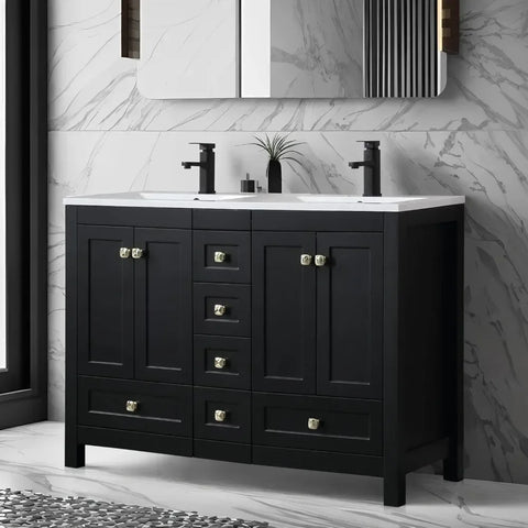 48" Bathroom Vanities Cabinet with Sink Combo Set, Undermount Double Resin Sink w/Thickened Wood, Matte Black Faucet