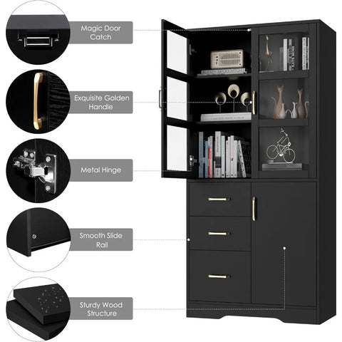 Tall Storage Cabinet with 2 Glass Display Door & Shelves & 3 Drawer, 67"H Tall Kitchen Pantry Cabinet,  Black