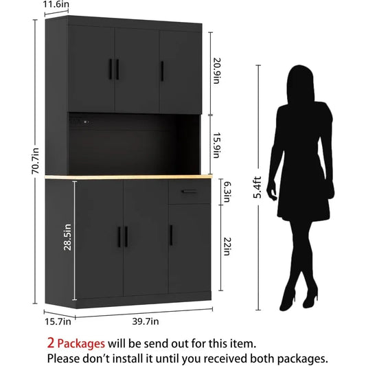 Kitchen Pantry Cabinet, 71" Tall Kitchen Storage Cabinet with Power Outlet, Freestanding Kitchen Hutch with countertop