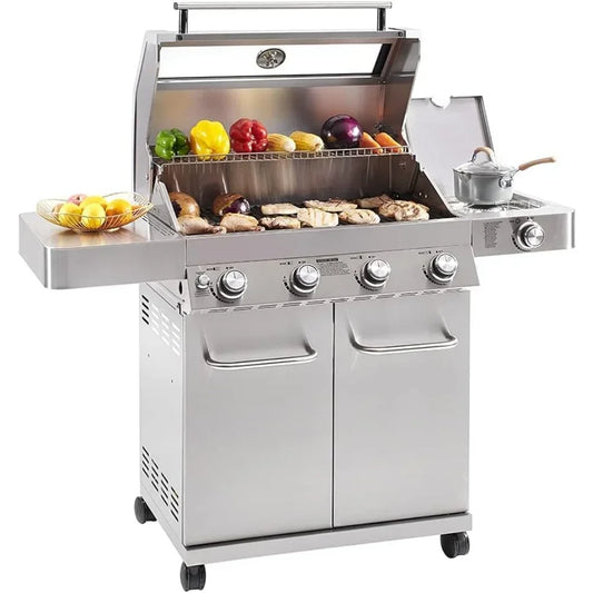 4-Burner Natural Gas Grill, Stainless Steel Cabinet Style Propane Grills, LED Controls, Side Burner, BBQ Grills