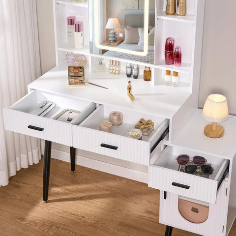 Vanity Desk Mirror and Lights, Makeup Vanity Desk Set Power Outlets & Cabinet, Desk Vanity Table Large Dressing Table