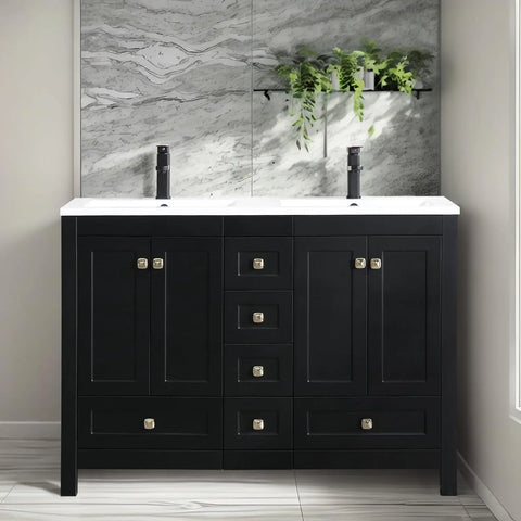 Vanities Cabinet with Sink Combo Set Undermount Double Resin Sink Thickened Wood Matte Black Faucet Painted Surface Black