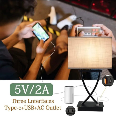 Dimmable Table Lamp for Bedroom with Type C/USB Charging Port and 1 AC Outlet White Linen Shade 21.38" Bedside Nightstand Lamp