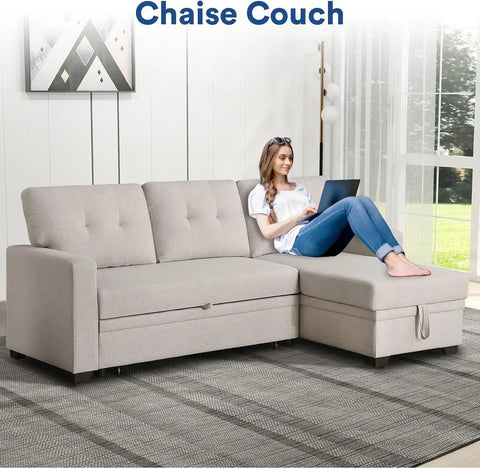 L Shaped Chaise Couch with Storage and Pull Out Bed Multifunctional Comfy Sectional Sleeper Sofa, Beige