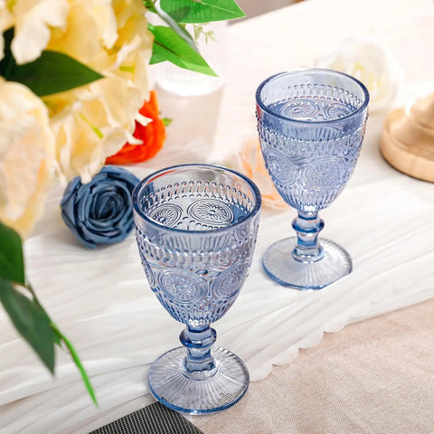 Blue Wine Glasses Set of 6 Vintage Drinkware Water Goblets for Wine or Cocktails Cute Drinking Glass with  Embossed Glassware fo