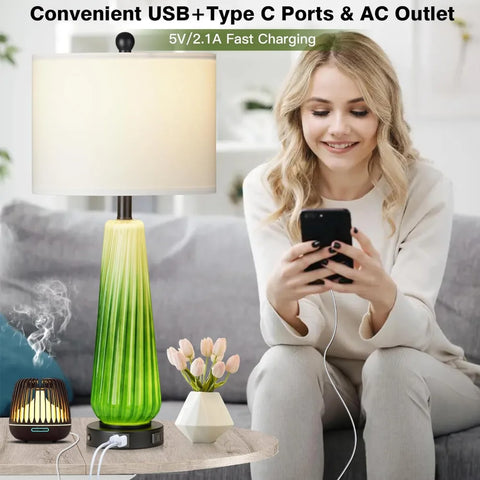 Glass Table Lamps for Living Room, 26" Modern Table Lamps with USB A+C Ports & AC Outlet, Touch Control Bedside Nightstand