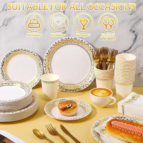 700 Pcs Disposable Dinnerware Set for 100 Guests Include 200 Paper Plates, 300 Plastic Silverware, 100 Paper Cups, 100 Napkins