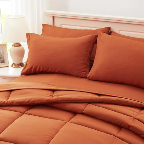 Anluoer Queen Comforter Set 7 Piece, Burnt Orange Bed in a Bag with Sheets, All Season Terracotta Bedding Comforter Sets