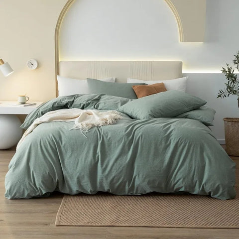 100% Washed Cotton Duvet Cover Set Comfy Simple Style Soft Breathable Textured Durable Linen Feel Bedding