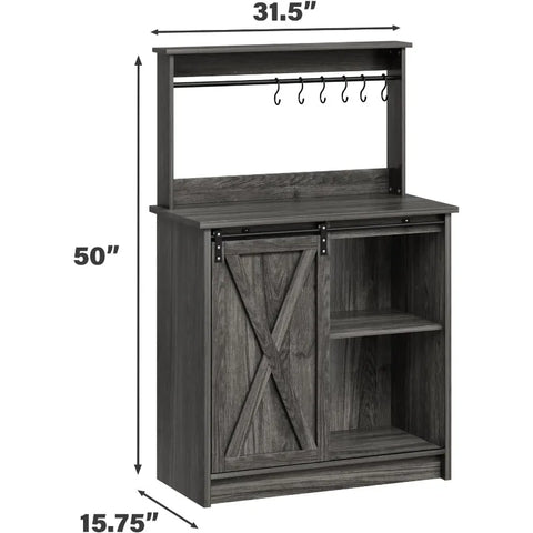 4ever2buy Farmhouse Coffee Bar Cabinet with 6 Hooks, White Coffee Bar with Storage, Kitchen Buffet Cabinet with Adjustable Shelv