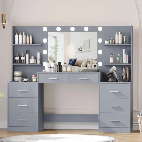 Makeup Vanity Table with Mirror & Lights, Vanity Desk with Power Strip, Large Drawer & Six Open Storage Dresser, 3 Lighting