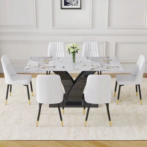 Modern Dining Room Table Set for 6, Faux Marble Kitchen Table and 6 PU Leather Chairs, 67” Rectangular Tempered Glass Table Set