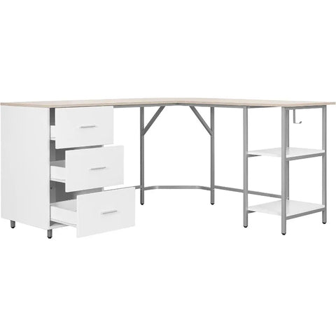 L Shaped Desk - Two-Toned Computer Desk with Drawers & Storage Shelves - Simple Modern Furniture & Home Office Space Corner Tabl