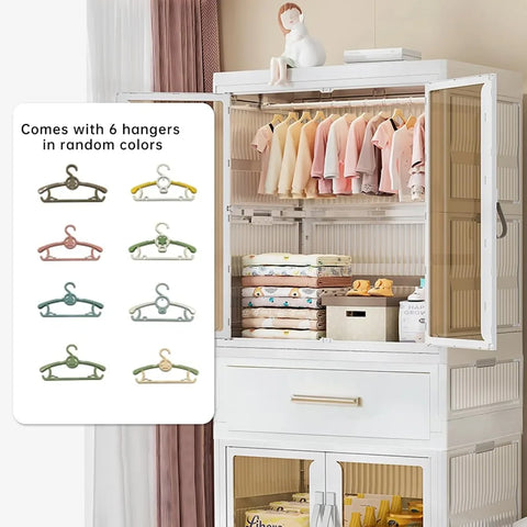 Portable Kids Wardrobe Closet with Doors, Plastic Baby Wardrobe Storage Cabinet with Hanging Rod Children's Clothes Closet