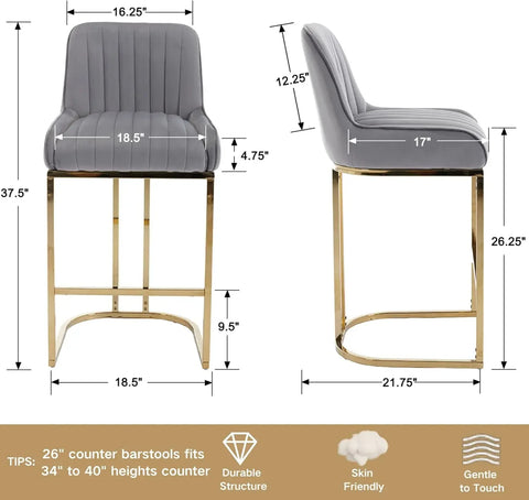 Modern Counter Height Bar Stools Set of 2 Green Bar Stools with Back/Gold Legs Upholstered Velvet Barstools 26''