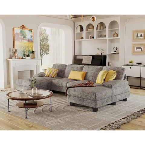 Sectional Couches for Living Room, U-Shaped Sofa Couch with Linen Fabric, 4 Seat Sofa Set with Double Chaise for Apartment