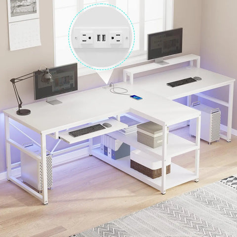 SEDETA 94.5" Home Office Desks, Computer Gaming Desk with Storage, LED Lights, Power Strip with USB, Keyboard Tray & Monitor