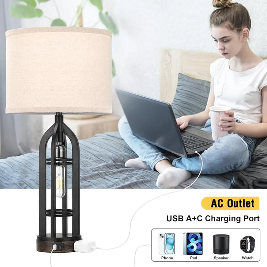 Table Lamp for Living Room - Lamps Set of 2 with USB C+A & Outlet, 3-Way Dimmable Farmhouse Lamps for Night Stands, Rustic