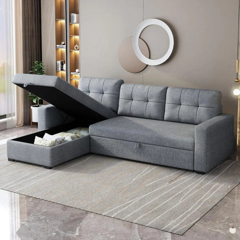 81.5" Sectional Sofa with Storage Chaise & Pull-Out Bed,L-Shape Convertible Corner Couch W/ 3 Back Cushions