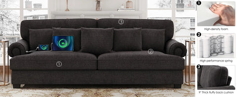 85in Sofa, 3 Seater Couch with 2 USB Charging Ports and Extra deep Seat, Sofa Couches for Living Room, Wide Rolled Arms, Grey