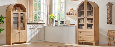 Kitchen Pantry Cabinet, Modern Farmhouse Kitchen Storage Cabinets with Open & Adjustable Shelves, Hidden Drawer & Glass Door, Ve