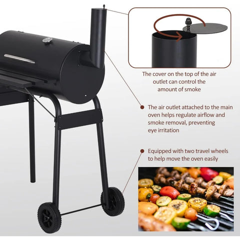 Charcoal Grills Outdoor BBQ Grill Offset Smoker with Wheels Side Fire Box Portable Barbecure Grill for Outdoor Cooking Backyard