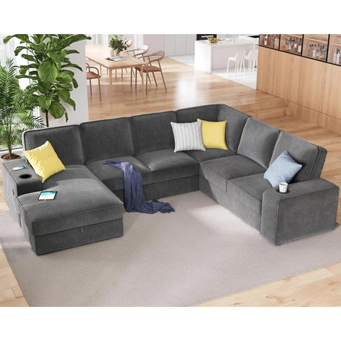 Oversized Sofa, 112 inch U Shaped Sofa with USB ports, Sectional Sofa Couch with Storage Chaise, Corduroy Grey