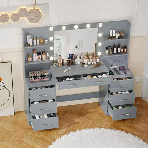 Makeup Vanity Table with Mirror & Lights, Vanity Desk with Power Strip, Large Drawer & Six Open Storage Dresser, 3 Lighting