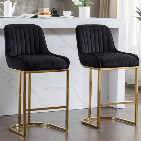 Modern Counter Height Bar Stools Set of 2 Green Bar Stools with Back/Gold Legs Upholstered Velvet Barstools 26''