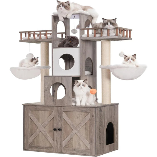 60 inch Cat Tree With Litter Box for Indoor Big Cat Tower for Large S 20 Lbs Heavy Duty Cats Trees Castle Towers Supplies Pet