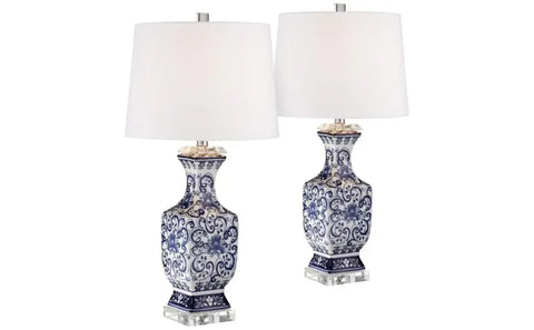 Barnes and Ivy Iris Asian Chinese Jar Style Table Lamps 28" Tall Set of 2 Blue Porcelain Crystal Geneva White Fabric Drum Shade