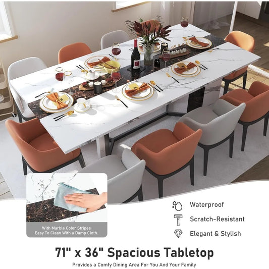 71" Large Rectangular White Dining Table, 35 Marble Wood Moisture Resistant Table, Adjustable Legs, 6 Foot Family Dining Table