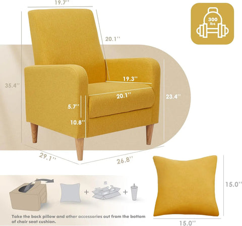 Modern Accent Living Room Chairs Set of 2, Upholstered Fabric Armchair Reading Side Chair, Single Sofa with Back Pillow and Wood