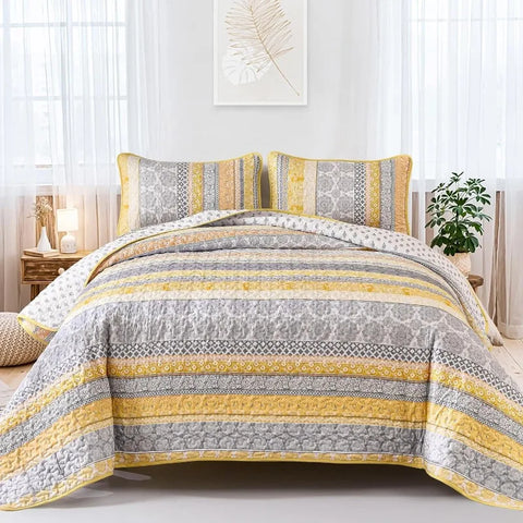 Boho Quilt Set , Yellow Bohemian 3 Pieces Quilt Sets, Lightweight Microfiber Bedspread Coverlet Bedding Set for All Season