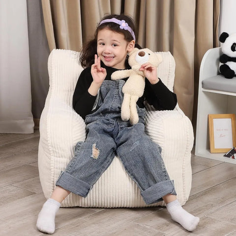 Kids Bean Bag Chair with a Plush Bear, Comfy Toddler Chair for Boys and Girls, Beige kids couch