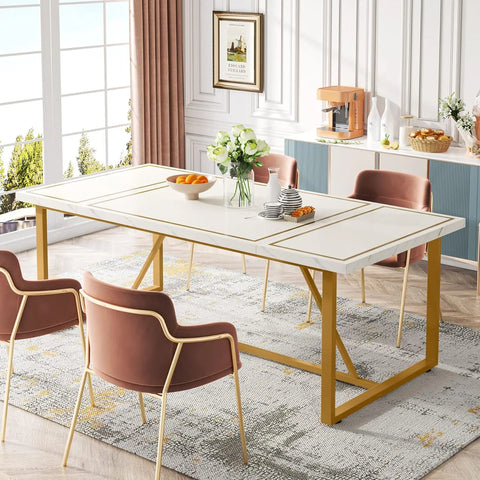 70.9 Inch Dining Table for 6 to 8, Modern Kitchen Table Dining Room Table, Rectangle Dinner Table w/Gold Meta Base for Kitchen