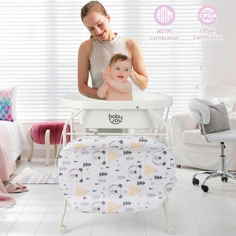 BABY JOY Baby Bathtub with Changing Table, Foldable Infant Diaper Changing Station with Storage Tray, Waterproof Pad, Portable