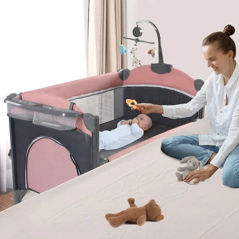 5 in 1 Baby Crib, Bedside Cribs, Pack and Play with Bassinet and Changing Table, Portable Travel Baby Playpen with Toys & Music