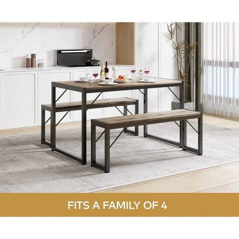 45.5" Dining Table Set for 4, Kitchen Table Set with 2 Benches, Dining Room Table Set with Metal Frame & MDF Board