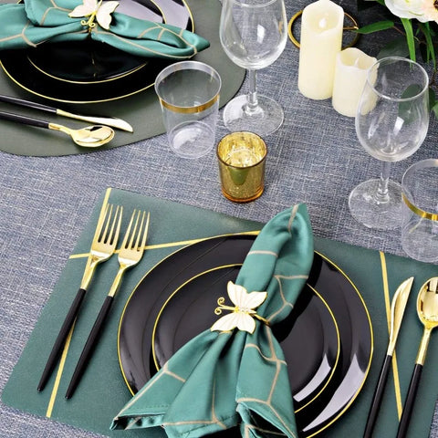 150pcs Black and Gold Dinnerware Set - Plastic Plates and Silverware for Birthdays, Parties, Weddings