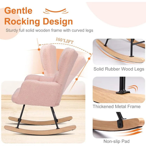 Sweetcrispy Rocking Chair Nursery, Teddy Upholstered Glider Rocker with High Backrest, Reading Chair Modern Rocking Accent Chair