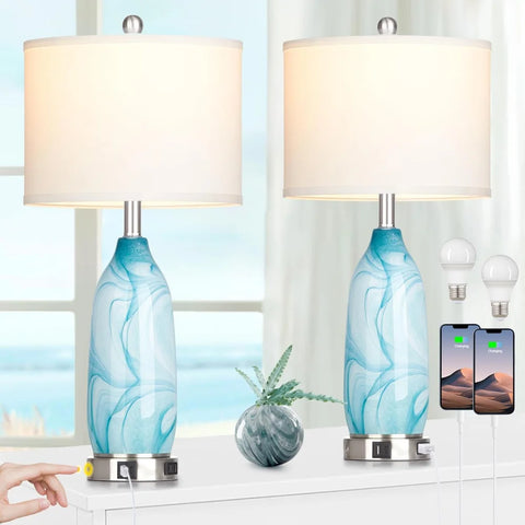 Glass Table Lamps for Living Room, 26" Modern Table Lamps with USB A+C Ports & AC Outlet, Touch Control Bedside Nightstand