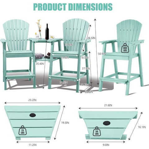 Tall Adirondack Chairs Set of 2,Recycled Poly Balcony Chair with Double Connecting Tray Patio Stools Weather Resistant Navy Blue