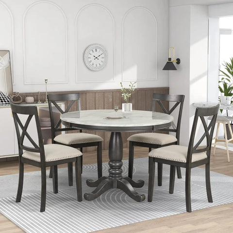 5-Piece Farmhouse Dining Table Set Wood Round Extendable Dining Table and 4 Upholstered Dining Chairs