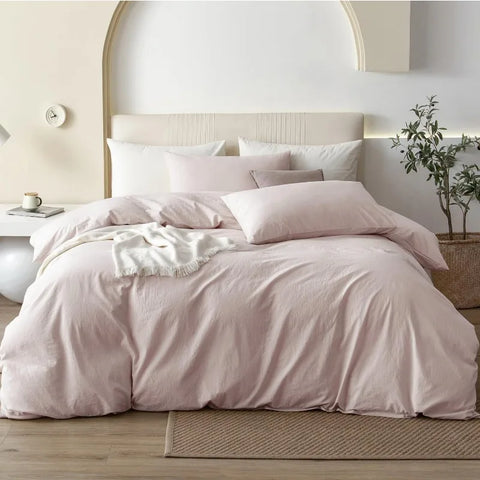 100% Washed Cotton Duvet Cover Set Comfy Simple Style Soft Breathable Textured Durable Linen Feel Bedding